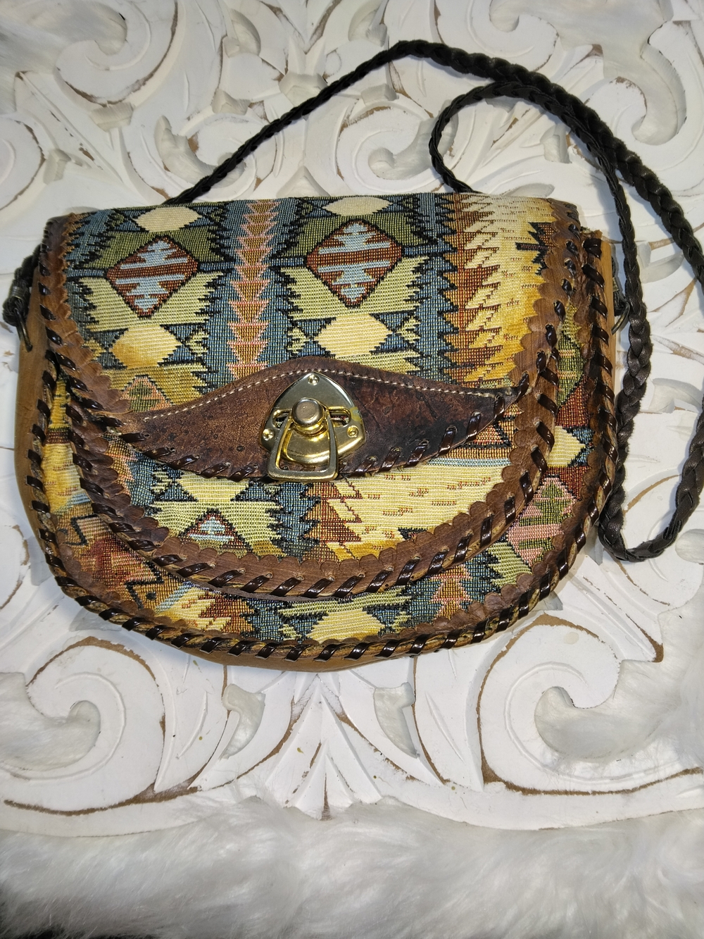 Boho Southwestern Woven Leather Crossbody Bag - Brown & Multicolor